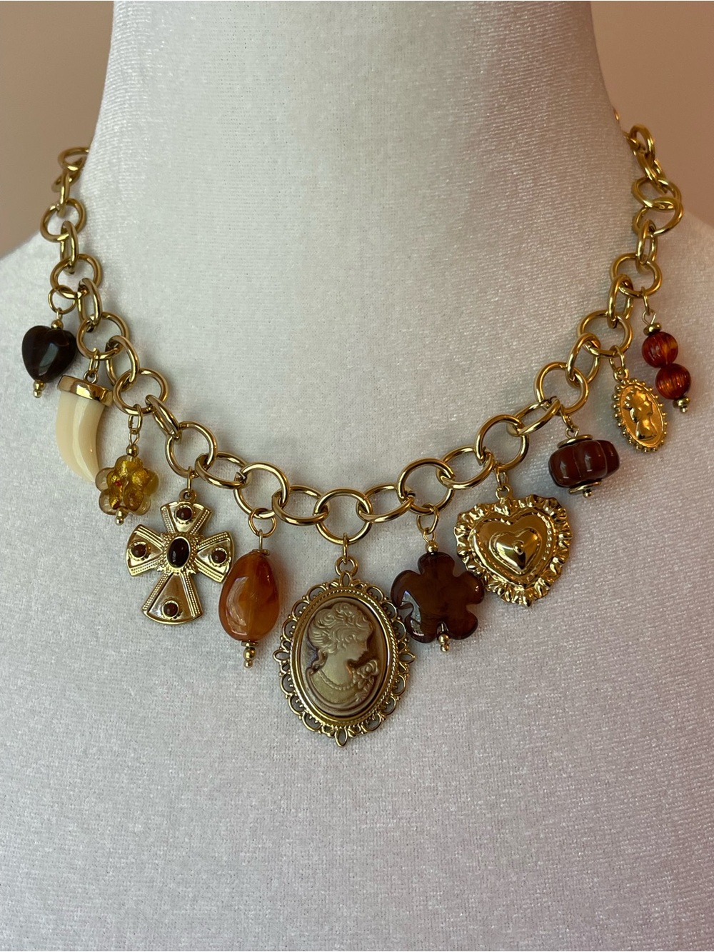 Vintage-Inspired Gold Stainless Steel Necklace with Cameo and Amber Charms